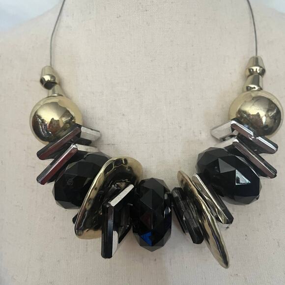 Bebe Chunky Statement 19" Necklace Black Gold Silver Geometric Wire chain New - Picture 2 of 11